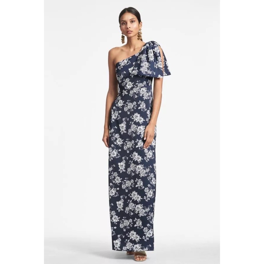 Sachin & Babi Gown Chelsea 2 Navy Ivory Peony Floral One Shoulder Bow Column